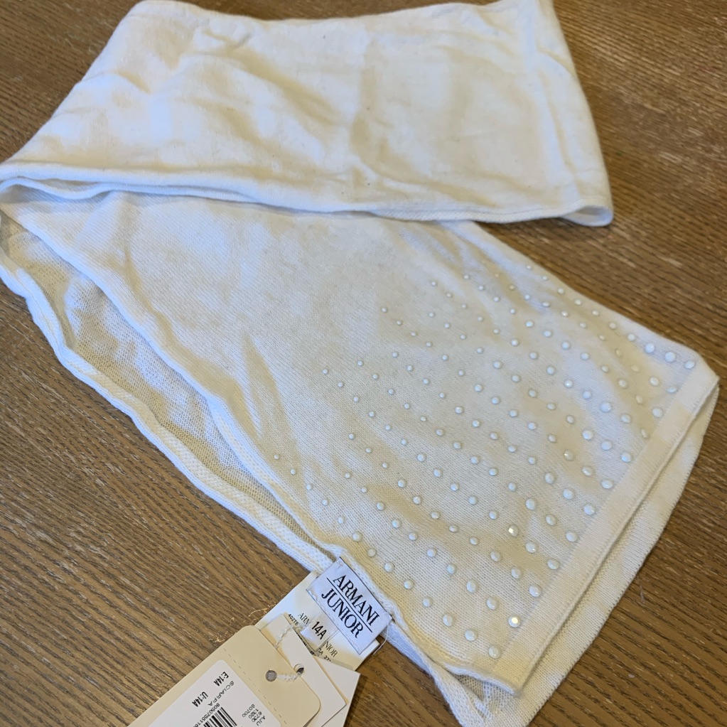 Armani Junior White Cream Scarf With Logo & Studs